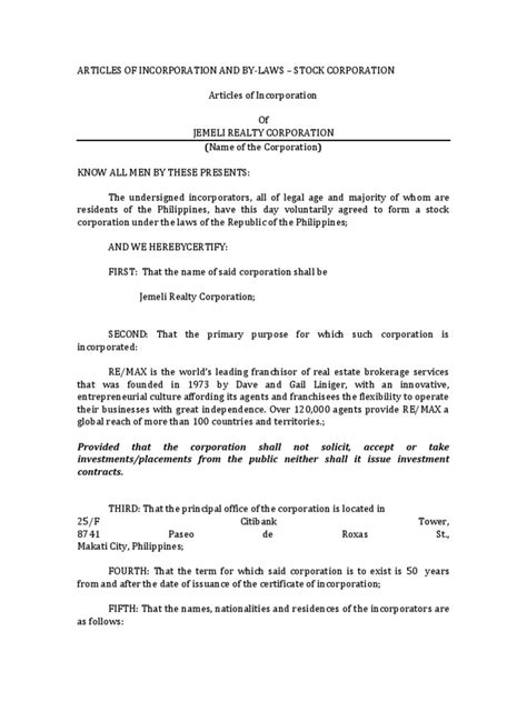 Articles Of Incorporation By Laws And Treasurers Affidavit For Stock Corporation Download Free