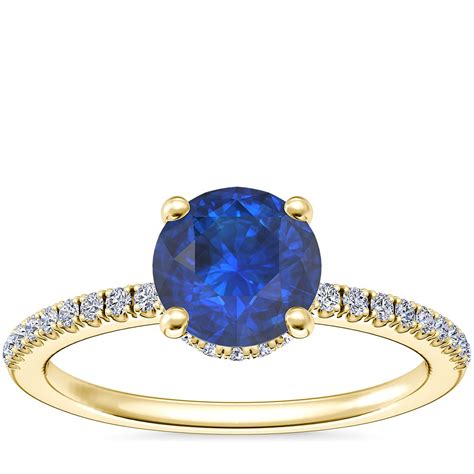 Petite Micropavé Hidden Halo Engagement Ring With Round Sapphire In 14k