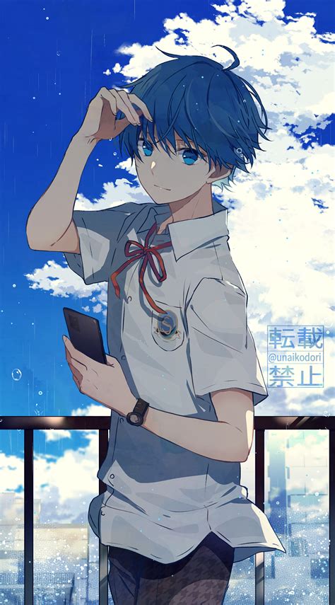 Safebooru 1boy Ahoge Amamine Shuu Artist Name Blue Eyes Blue Hair Blue Sky Breast Pocket