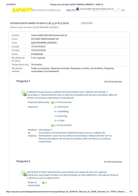 QUESTIONÁRIO UNIDADE I ESTUDOS DISCIPLINARES VII Estudos Disciplinares IV