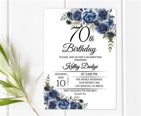 70th Birthday Invitation Floral Women Birthday Invitation Etsy