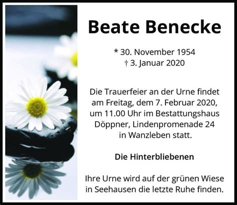 Traueranzeigen Von Beate Benecke Abschied Nehmen De