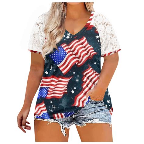 Mitankcoo Plus Size American Flag Shirt For Women 4th Of July Tees Usa Stars Stripes Patriotic