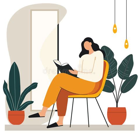 Woman Reading A Book Sitting On A Chair In Modern Home Interior Vector