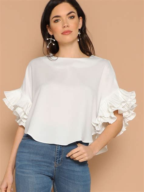 SHEIN Layered Exaggerate Flounce Sleeve Curved Hem Top Fashion