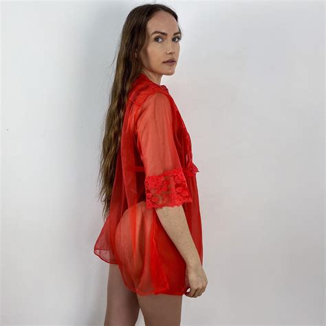 60s Vintage Red Babydoll Lingerie Chiffon Lace Short Robe Etsy