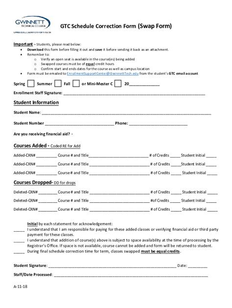 Fillable Online Gtc Schedule Correction Form Swap Form Fax Email