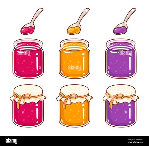 Hand Drawn Cartoon Style Jam Jars Set Raspberry Apricot And Grape