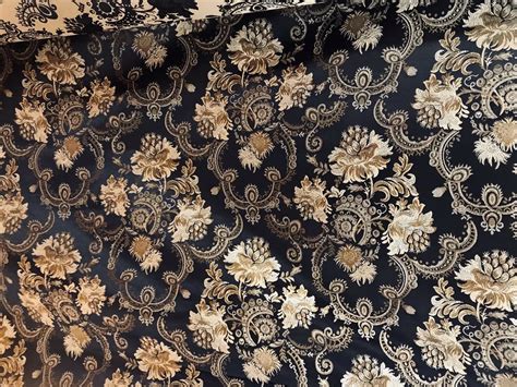 New Designer Brocade Jacquard Fabric Black Gold Floral Neoclassical