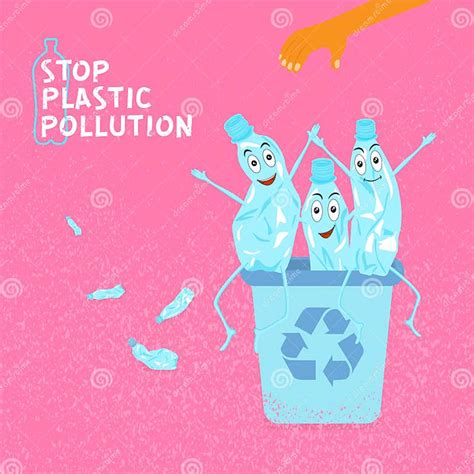 Stop Plastic Pollution Ecological Concept Poster With Funny Characters From Crumpled Plastic