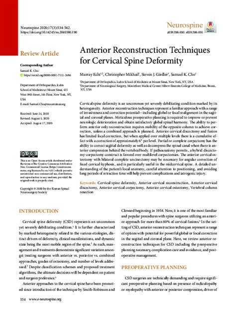 Pdf Anterior Reconstruction Techniques For Cervical Spine Deformity