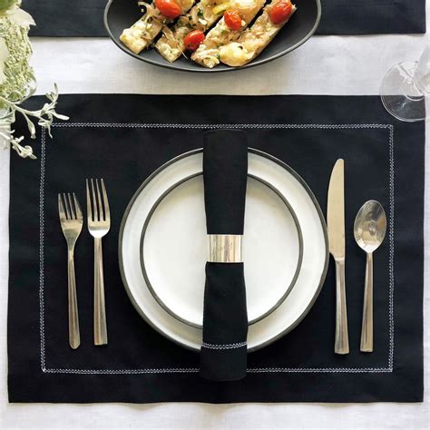 Black Linen Placemat With White Hemstitch Black Linen Napkins White