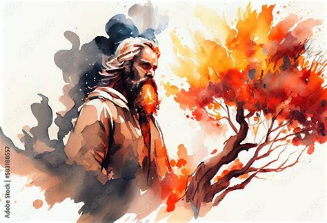 Watercolor Illustration Of A Moses And The Burning Bush Painting Generative Ai Stock