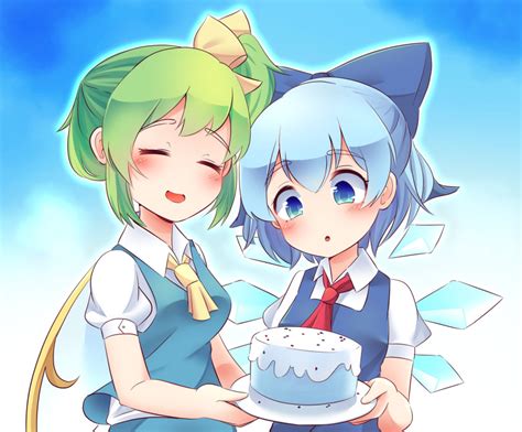 Safebooru 2girls Bangs Blue Eyes Blue Hair Blush Bow Cake Cirno