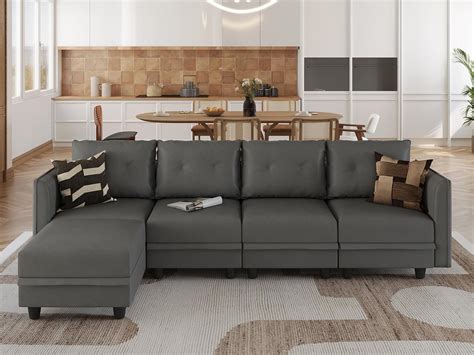 LLAPPUIL Modular Sectional Sofa Faux Leather Fabric L Shaped Sofa With