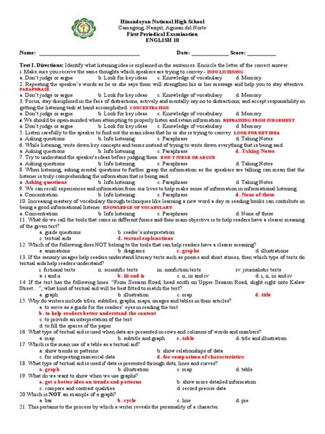 First Periodic Test English 10 Pdf Vocabulary Data