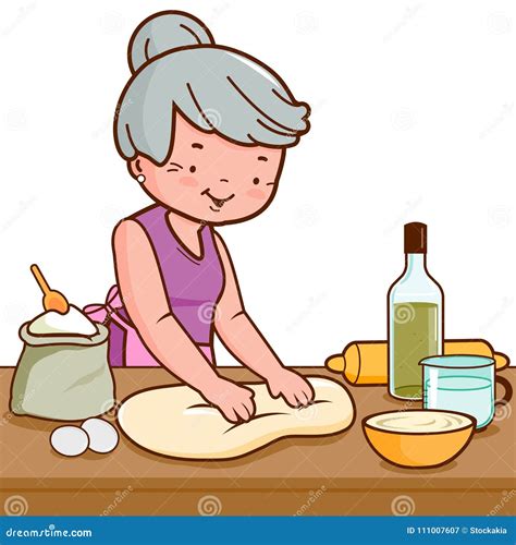 Old Woman Making Bread In The Kitchen Vector Illustration Stock Vector