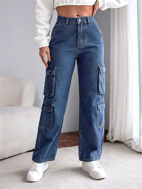 High Waisted Flap Pocket Cargo Jeans Jeans Outfit Women Cargo Pants