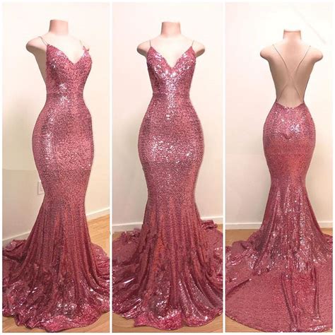 Spaghetti Straps Sequins Prom Dress Mermaid Long