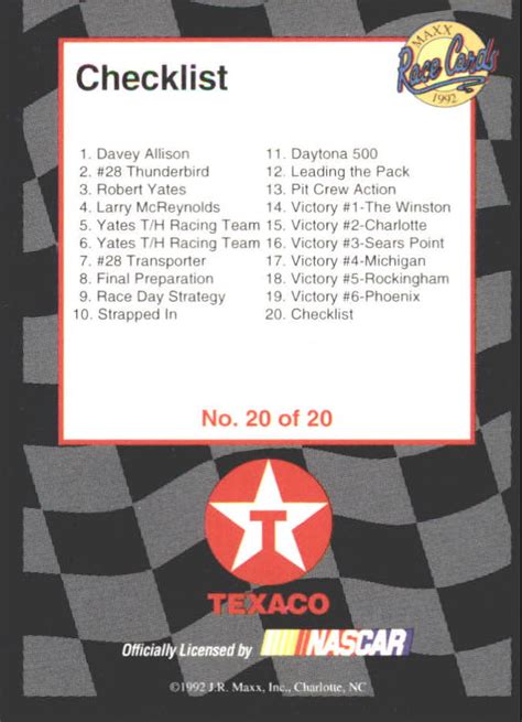 1992 Maxx Texaco Davey Allison 20 Davey Allison W Crew Checklist Card