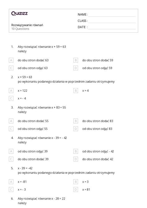 Ponad Rozwi Zywanie R Wna Arkuszy Roboczych Dla Klasa W Quizizz