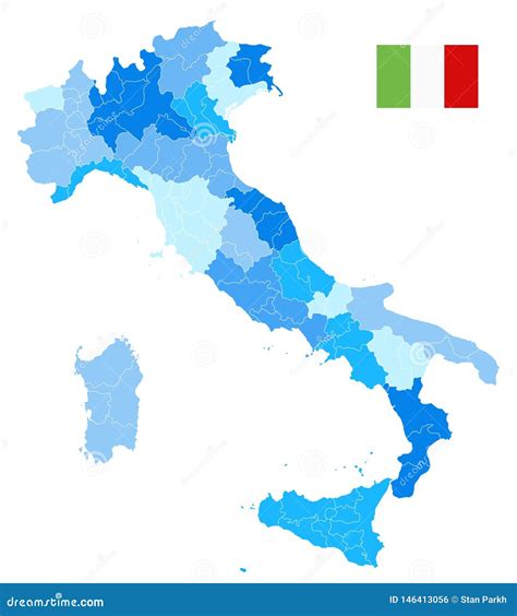 Italy Administrative Divisions Map Blue Colors Isolated On White No