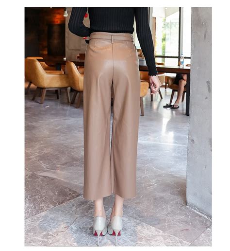 Free Shipping Women Belted High Waist Faux Leather Pants Jkp