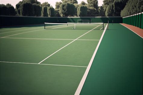 Una cancha de tenis con una red y árboles al fondo Foto Premium