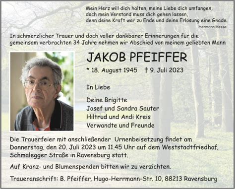 Traueranzeigen Von Jakob Pfeiffer Schwaebische De Trauerportal