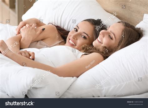 Happy Lesbian Couple Lying Bed Stock Photo Shutterstock