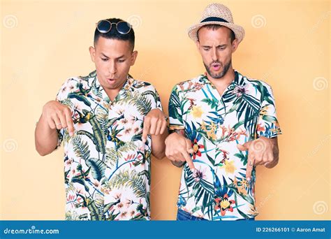Joven Pareja Gay De Dos Hombres Con Sombrero De Verano Y Camisa Hawaiana Apuntando Con Los Dedos