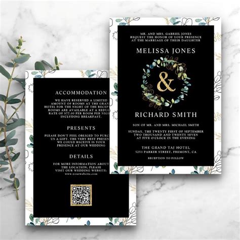 Two Black And Gold Wedding Cards With Greenery