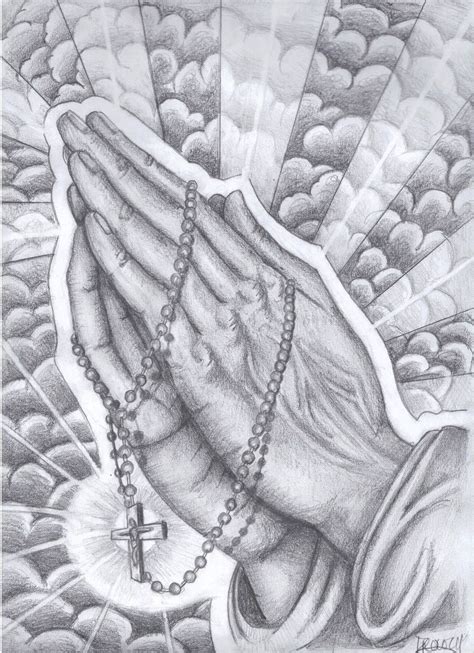 Praying Hands With Rosary And Clouds