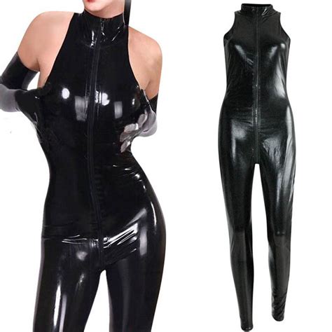 Femmes Sexy Combinaison Sans Manches Femme Faux En Cuir Catsuit