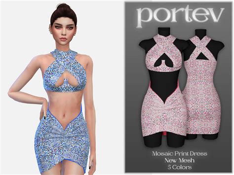 Portev S Mosaic Print Dress Print Dress Sims 4 Mods Clothes Sims 4