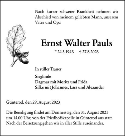 Traueranzeigen Von Ernst Walter Pauls Vrm Trauer De