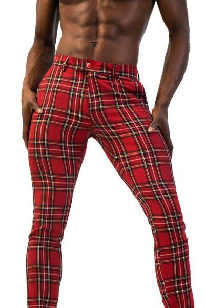 Red Tartan Pants Men Slim Fit Plaid Pants