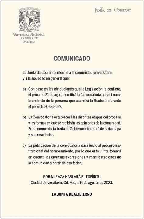 Anuncia Junta De Gobierno De La Unam Que El Pr Ximo De Agosto