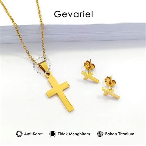 Jual Set Kalung Salib Anting Tusuk Emas Titanium Women Men Cross