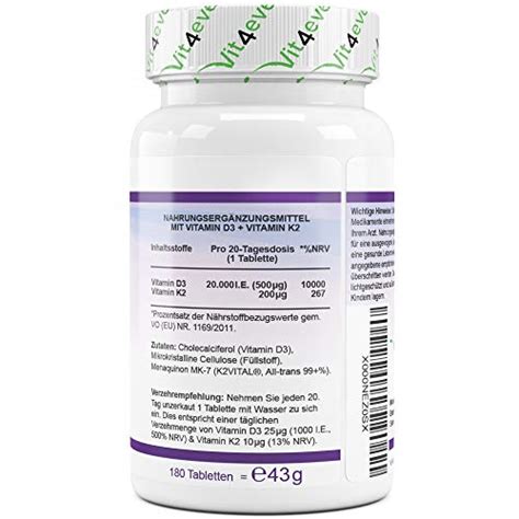 Vitamin D3 20 000 I E Vitamin K2 200 Mcg Menaquinon Mk7 Depot 180