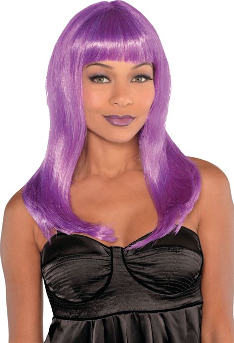 Long Straight Hair Wig With Bangs Purple One Size Wearable Costume Accessory For Halloween