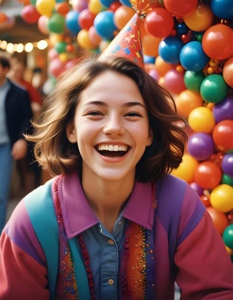 A Woman Smiles In Front Of A Colorful Wall Of Balloons Premium Ai