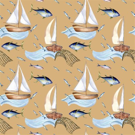 Premium Vector Seamless Pattern Of Sea Fish And Sail Boat Watercolor