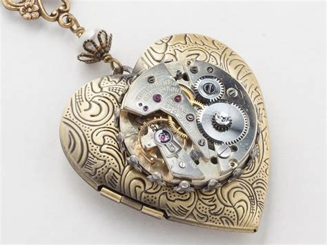 Steampunk Heart Locket Necklace With Silver Watch Movement Gears