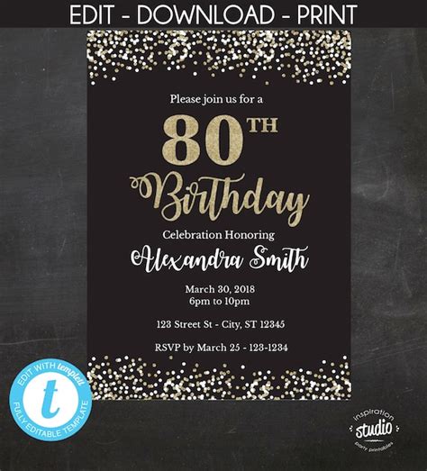 80th Birthday Invitation Easy To Use Template Etsy