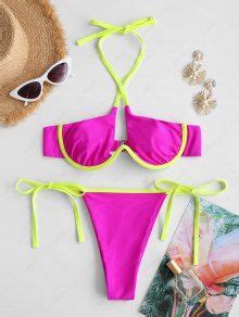 ZAFUL Contrast Binding Halter Underwire String Bikini Swimwear In RED ZAFUL