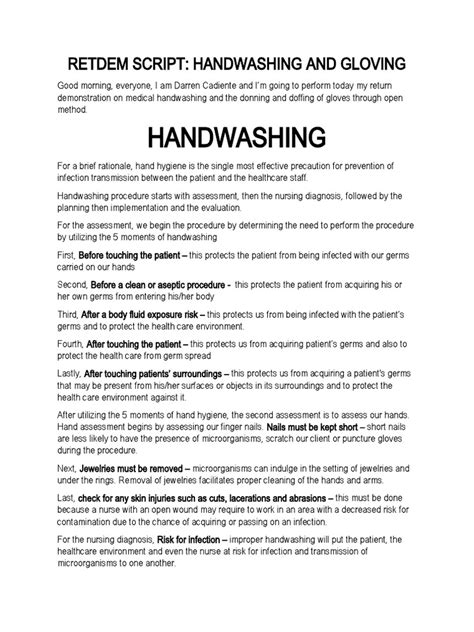 Handwashing And Gloving Retdem Script Pdf Hand Washing Medical