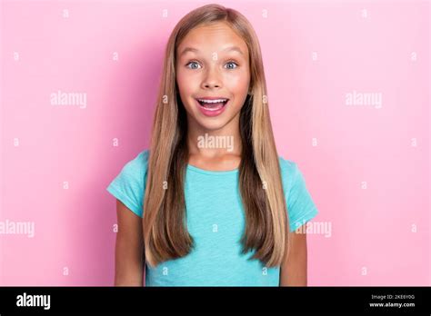 Closeup Photo Of Cute Girlish Preteen Kid Lady Wear Bright Cyan T Shirt Long Blonde Hair Open