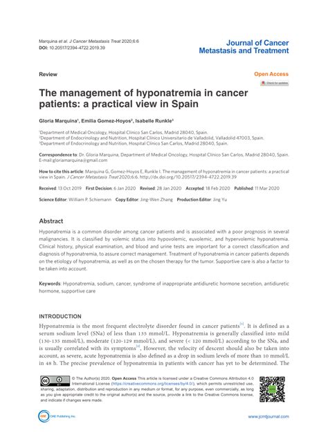 Pdf The Management Of Hyponatremia In Cancer Patients A Practical