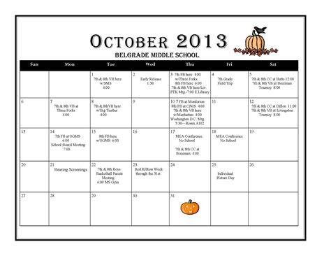 Middle School October Activity Calendar